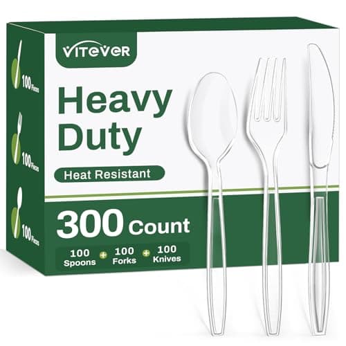 300 Count Heavy Duty Clear Plastic Silverware, Disposable Plastic Utensils Set, 100 Forks, 100 Spoons, 100 Knives, BPA-Free Heat Resistant Durable Plastic Cutlery Set for Party - Image 1