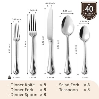 KINGSTONE Silverware Set, 40-piece 18/10 Stainless Steel Flatware Set Cutlery Set for 8, for Kitchen, Home, Wedding, Party, Mirror Polished and Dishwasher Safe, Featured Gifts - Image 3