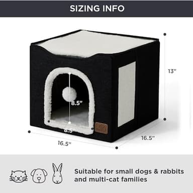 Bedsure Cat Beds for Indoor Cats - Large Cat Cave for Pet Cat House with Fluffy Ball Hanging and Scratch Pad, Foldable Cat Hideaway, 16.5x16.5x13 inches, Black - Image 3