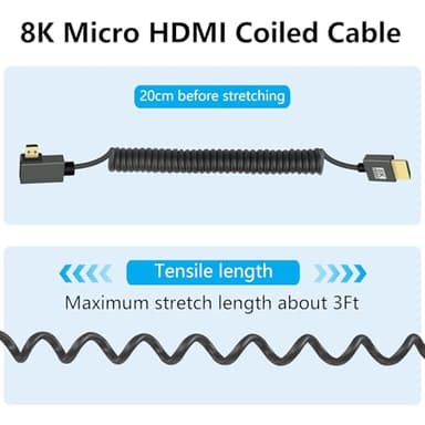 GELRHONR Coiled Micro HDMI to HDMI Cable 8k, Short Micro HDMI Cable Male to Male Spring Flexible Slim Cord 48Gbps High Speed Support 3D 8K@60Hz, for Camera Video Capture Card,TV (Left Angle) - Image 6