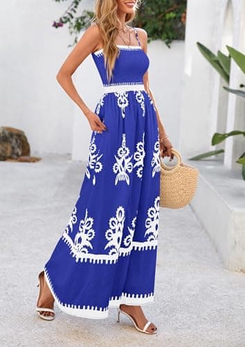 PRETTYGARDEN Summer Dress for Women 2025 Floral Sundress Spaghetti Strap Flowy Beach Vacation Boho Maxi Dresses (Royal Blue White Floral,Small) - Image 4