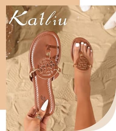 katliu Women's Flat Sandals Flip Flop Sandals Comfortable Dressy Thong Sandals Brown 10 - Image 2