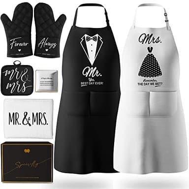 Mr and Mrs Aprons for Couples Gifts - Anniversary, Bridal Shower, Wedding, Engagement gifts for Couples, Christmas Gifts for Couple, His and Her Gifts, 8 Pack Kitchen Cooking Apron Gift Set - Image 1