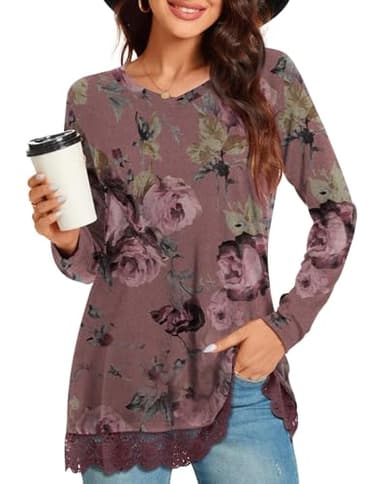 Netsmile Women's Plus Size Tops Fall Long Sleeve Tunics Loose Dressy Casual Shirts Lace Hem Sweatshirt for Leggings, 2XL, Bean-Rose Red - Image 2