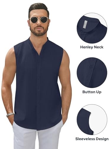 hawalili Men's Button Down Sleeveless Shirts Summer Beach Tank Tops Casual Textured Tank T-Shirt Navy Blue - Image 5