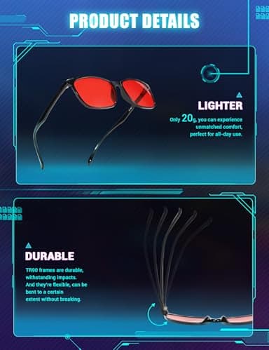 TIJN Sleep Glasses for 99.9% Blue Green Light Blocking Dual AR Coatings Red Lens for Computer Gaming Reduce Eyestrain, TR90, Black - Image 4