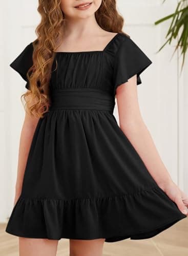 DOKOTOO KIDS Girls Boho Dress Elegant Off Shoulder Ruffle Hem Back Tie Dresses Black 6-7 Years Old - Image 3