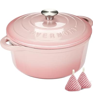 Overmont Enameled Cast Iron Dutch Oven - 5.5QT Pot with Lid Cookbook & Cotton Potholders - Heavy-Duty Cookware for Braising, Stews, Roasting, Bread Baking pink - Image 1
