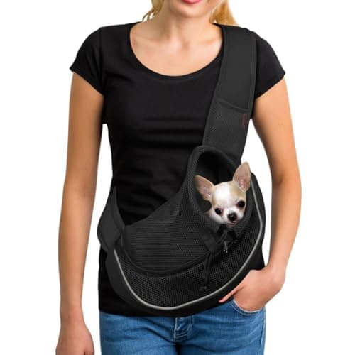 YUDODO Pet Sling Carrier for Small Dogs & Cats – Hands-Free Puppy Carrier with Safety Hook, Large Zipper Pocket, Soft Breathable Mesh, Adjustable Strap & Reflective Strip (Black 2.0 S) - Image 1