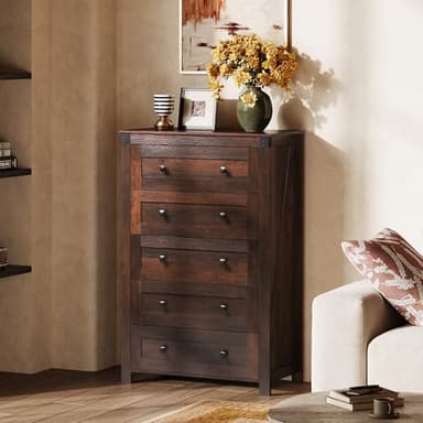 WLIVE Farmhouse Brown Dresser for Bedroom, 5 Drawer Dresser Storage Organizer, Tall Wood Dressers with Double Rustic Handle, Chest of Drawers for Living Room, Hallway, Closet - Image 8