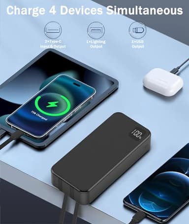 Portable Charger 20000mAh Power Bank -Portable Battery with 2 Built in Cables PD QC4.0 22.5W Fast Charging Battery Pack Phone Charger for iPhone 15 14 13 Samsung Galaxy iPad etc (1 Pack, Black) - Image 4