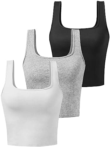 Porvike Crop Tops for Women Workout Tank Top Cropped Sleeveless Shirts Square Neck Tanks Basic Gym Exercise Clothes 3 Pack Black/White/Grey M - Image 1
