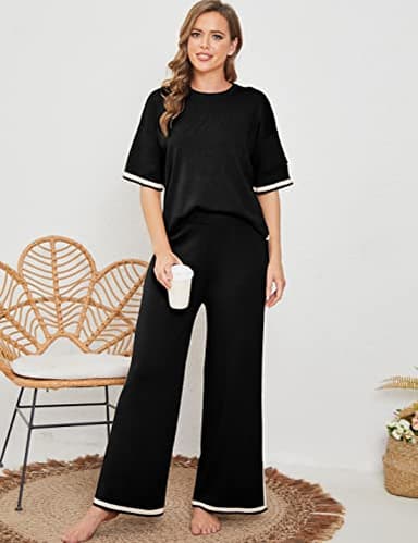 Tanming Sweater Sets Women 2 Piece Lounge Sets Short Sleeve Knit Pullover Tops Wide Leg Pants (Black-XL) - Image 6