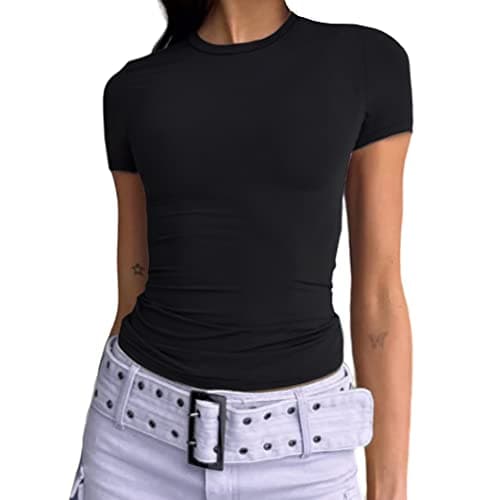 Abardsion Women's Casual Basic Going Out Crop Tops Slim Fit Short Sleeve Crew Neck Tight T Shirts 2025 (Black, 2XL) - Image 1