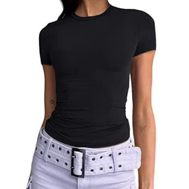 Abardsion Women's Casual Basic Going Out Crop Tops Slim Fit Short Sleeve Crew Neck Tight T Shirts 2025 (Black, 2XL) - Image 1
