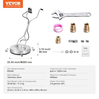 VEVOR 24" Pressure Washer Surface Cleaner w/Handles & Wheels, Stainless Steel Concrete Cleaner 4000 Max PSI, 3/8" Connector & 1/4" Adapter Power Washer Floor Attachment,for Floor Driveway, Patio - Image 7