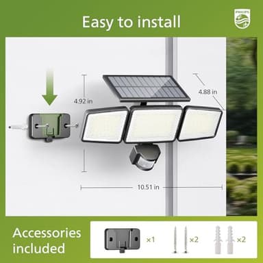 Philips Solar Security Light Outdoor 302 LED 1200lm, Solar-Powered Waterproof Wall-Mounted Floodlight w/PIR Motion Sensor, 3 Heads, IP65 Waterproof, 3 Modes - Image 3