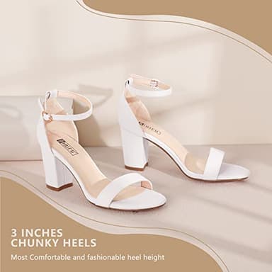 IDIFU White Heels for Women Cookie-MI Block Heels 3 Inch Sandals Chunky Open Toe Heel Wedding Homecoming Dress Shoes for Women Brides Ladies(White Pu, 9 B(M) US) - Image 3