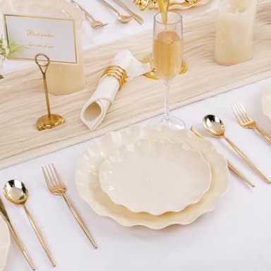 LIYH 24 Pcs Plastic Plates Reusable,Unbreakable Dinner Plates, Scalloped Plastic Plates, Dishwasher Safe,Ivory Plate Sets Perfect for Parties, Birthday, Picnics, BPA Free(12Guests) - Image 8