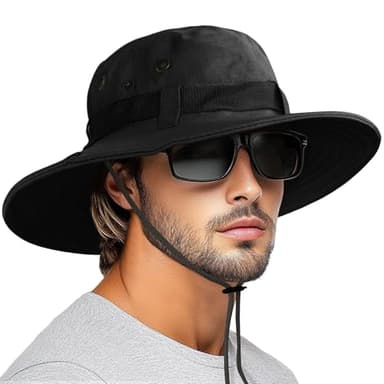 AGLIFEFY Sun Hats for Men Women Bucket Hat Safari Boonie Hat Outdoor UPF 50+ Boonie Hat Foldable Fishing Hats Black (with Webbing) - Image 1