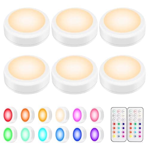Alivation Led Under Cabinet Lighting Battery Operated Light, 6 Puck Lights with Remote Control, 13 Color Changing Stick on, Touch Push Tap Lights for Kitchen, Closet, Bookshelf, Stair, Display - Image 1