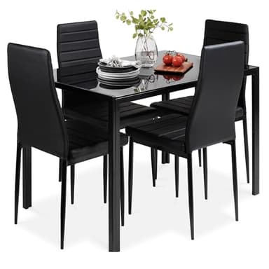 Best Choice Products 5-Piece Glass Dining Set, Modern Kitchen Table Furniture for Dining Room, Dinette, Compact Space-Saving w/Glass Tabletop, 4 Upholstered PU Chairs, Metal Steel Frame - Black - Image 1