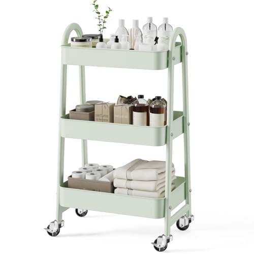 SMUG 3 Tier Rolling Cart - Metal Utility Carts on Lockable Caster Wheels, Mobile Storage Shelves Organizer for Livingroom, Bathroom, Kitchen, Bedroom & Narrow Places, Green - Image 1