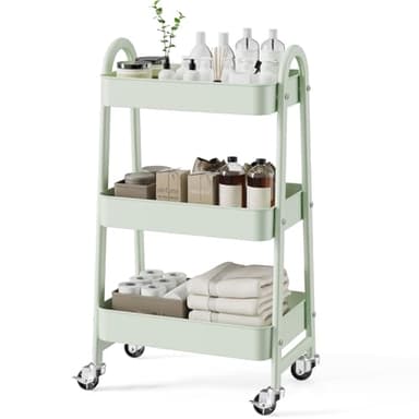 SMUG 3 Tier Rolling Cart - Metal Utility Carts on Lockable Caster Wheels, Mobile Storage Shelves Organizer for Livingroom, Bathroom, Kitchen, Bedroom & Narrow Places, Green - Image 1
