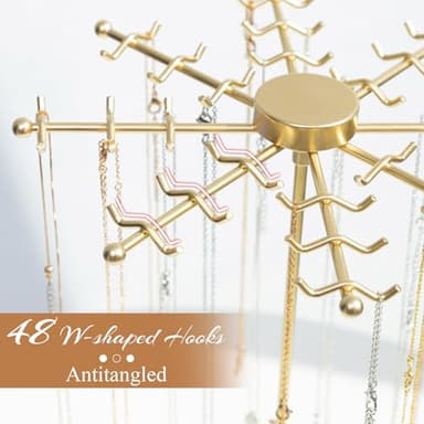 PABOBIT Rotating Necklace Holder Jewelry Stand, Gold Necklace Organizer Display with 48 W-shaped Hooks,Jewelry Organizer for Necklaces Earrings Rings Storage Tree, Presents for Women - Image 4