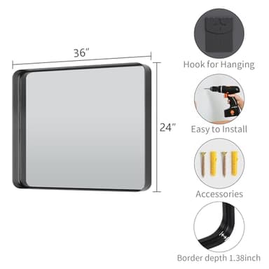 Koonmi Black Wall Mirror for Bathroom, 24x36 Inch Matte Deep Framed Rounded Rectangle Vanity Mirror for Farmhouse Living Room, Tempered Glass, Anti-Rust, Vertically or Horizontally - Image 4