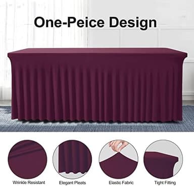 Table Skirts for Rectangle Tables 8ft - One-Piece Burgundy Tablecloths and Skirt, Wrinkle Resistant Ruffles Elastic Cover for Banquets, Weddings, Events, Parties - Image 4
