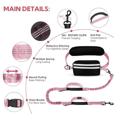 Yicostar Hands Free Dog Leash, Adjustable Waist Belt with Double Padded Handles No Pull,Pink - Image 3