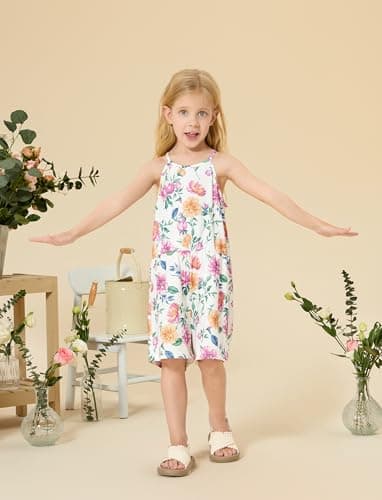 PATPAT Girls Rompers Size 9-10 White Pink Floral Print 2 Pack Rompers For Girls Sleeveless Halter Neck Wide Leg One Piece Spaghetti Strap Jumpsuits Shorts Spring Outfits Tropical Jumpsuits - Image 5