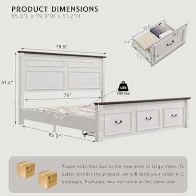Aitjunz Farmhouse King Size Bed Frame with 51" Tall Headboard, Wood Platform Bed Frame with 20" Tall Roman Column Decoration Footboard & 3 Large Storage Drawers, No Box Spring Needed (White) - Image 2