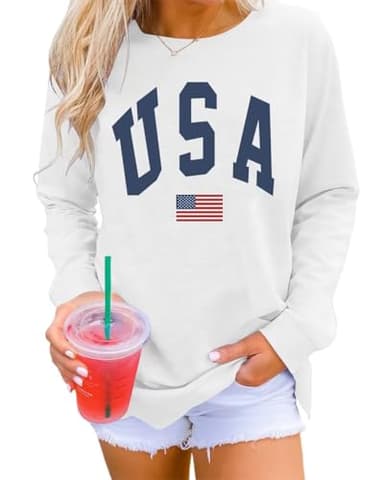 Dressmine Womens Usa American Flag Shirts Crewneck Sweatshirt Long Sleeve Graphic Tee 4Th Of July Patriotic Shirt White 02 Large - Image 1