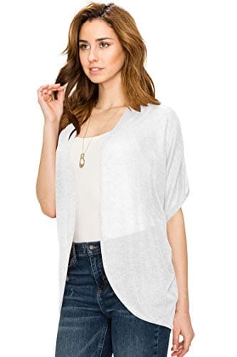 LL WSK1528 Womens Lightweight Short Sleeve Open-Front Casual Batwing Cardigan Loose Cover up L White - Image 4