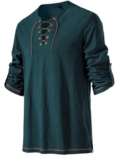 JEMITOP Men's Renaissance Costume Retro Lace Up Shirts for Pirate Viking Medieval Vampire Halloween Cosplay Without Belt Dark Green L - Image 3