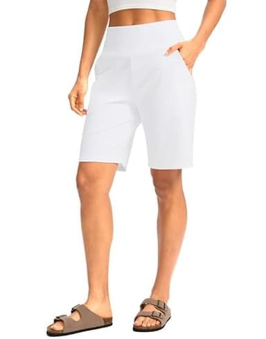 G Gradual Women's Bermuda Long Shorts with Pockets 9" High Waisted Knee Length Shorts for Women Walking Athletic Workout(White,L) - Image 2