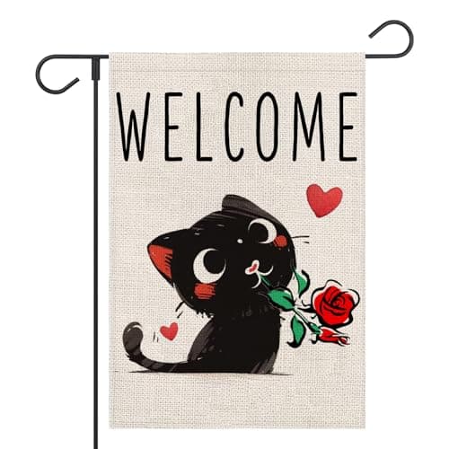FUYUCHEN Valentines Day Welcome Cat Garden Flag 12x18 Inch Double Sided Outside Roses Floral Love Hearts Small Burlap for Rustic Holiday Yard Outdoor Decoration