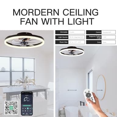 STERREN 20'' Modern Low Profile Ceiling Fan with Light, Bedroom LED Ceiling Fan with Remote Control, Bladeless Flush Mount Black Fan Lights Ceiling Fixtures for Living Room,Small Room - Image 7
