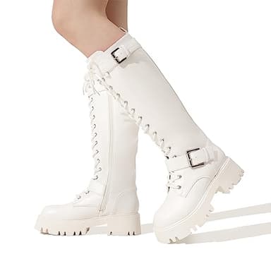 DREAM PAIRS Women's Combat Riding Platform Knee High Boots, Lace Up Fall Lug Sole Gothic Motorcycle Boots with Inside Zipper,Size 7,White,SDKB2304W - Image 7