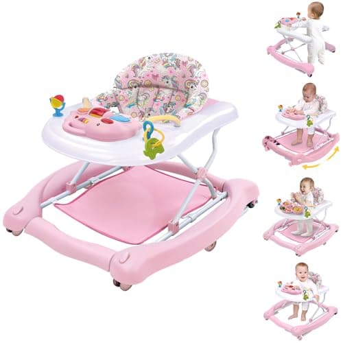 5 in 1 Foldable Baby Walker, Activity Baby Walker-Baby Bouncer, Rocker, Activity Center,Seat and Push Walker,Detachable Trampoline Mat, Adjustable Speed Rear Wheels and Height,Ages 6-18 Months(Pink) - Image 1