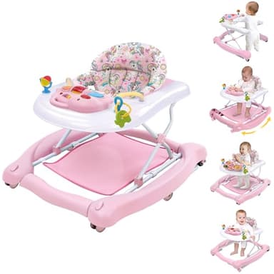 5 in 1 Foldable Baby Walker, Activity Baby Walker-Baby Bouncer, Rocker, Activity Center,Seat and Push Walker,Detachable Trampoline Mat, Adjustable Speed Rear Wheels and Height,Ages 6-18 Months(Pink) - Image 1