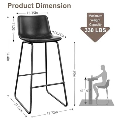 REONEY Bar Stools Set of 4, Faux Leather Counter Height Stools, 30" Modern Bar Stools with Metal Legs and Footrest, Urban Armless Counter Chairs with Back for Kitchen Island (Black) - Image 2