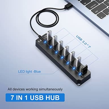 ONFINIO USB Hub 3.0, 7-Port USB Hub Splitter with Individual On/Off Switches and Lights, 3.2ft/1m Long Cable Compatible with MacBook, Laptop, Surface Pro, PS4, PC, Flash Drive, Mobile HDD - Image 2