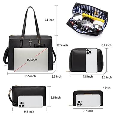 Keyli Laptop Tote Bag for Women Waterproof Leather Work Laptop Briefcase with Built-in USB Charging Port Computer Shoulder Bags Fits 15.6 Inch, Business Handbag Purse 4pcs Set Black - Image 3