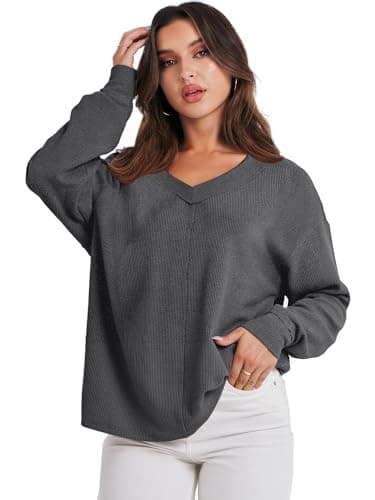 ANRABESS Oversized Long Sleeve Shirts for Women Off the Shoulder Sweatshirt Loose V Neck Tunic Tops High Low Sweater 2025 X-Small Dark Grey - Image 9