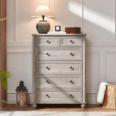 RWYHG Farmhouse 6 Drawer Dresser, 15.75" D x 31.5" W x 43.5" H Chest of Drawers for Bedroom, Grey Tall Dresser with 4 Solid Wood Feet, Wood Storage Dressers Organizer for Living Room Hallway Closet - Image 5