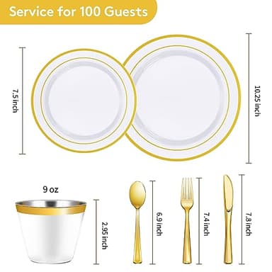 Goodluck 600 Pieces Gold Disposable Plates for 100 Guests, Plastic Plates for Party, Dinnerware Set of 100 Dinner and 100 Dessert Plates, 100 Spoons, 100 Forks, 100 Knives, 100 Cups - Image 3
