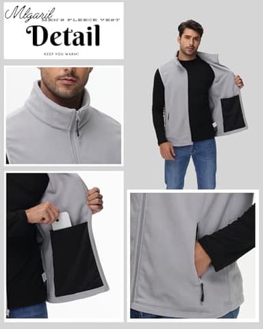 Men's Grey Fleece Vest Full Zip Polar Fleece Sleeveless Jacket Lightweight Outerwear Golf Vests with Zipper Pockets L - Image 3